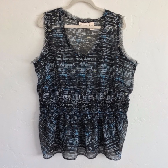 DKNY Sheer Blue Printed Smocked Sleeveless Blouse 18 Wide - Picture 1 of 8